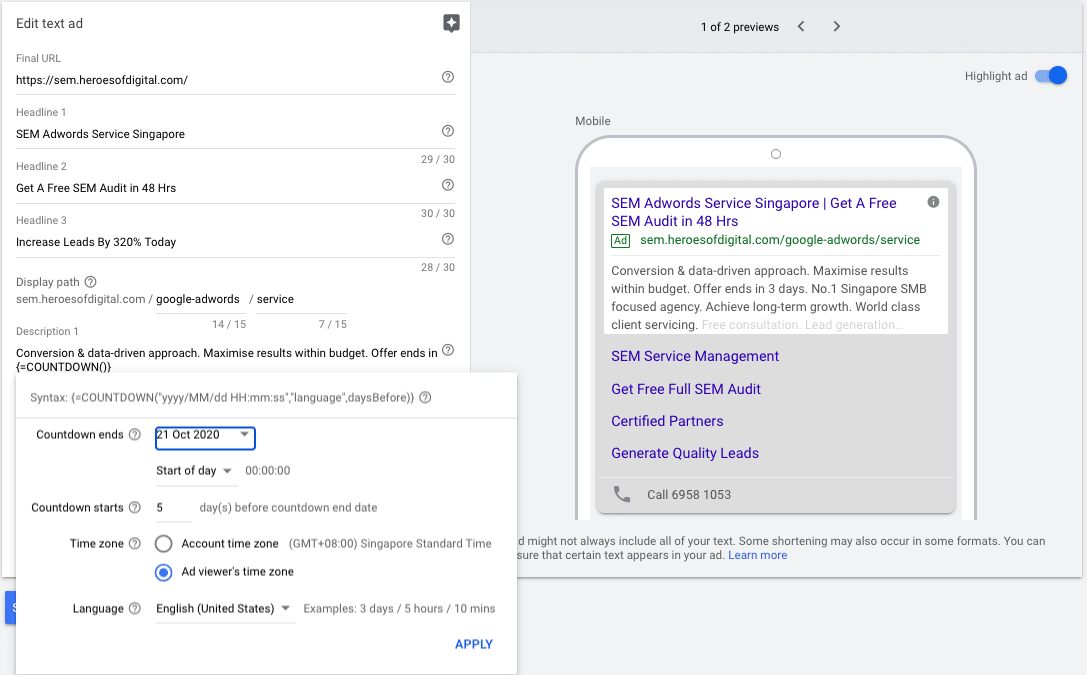 Adding countdown timer to ad texts
