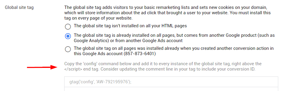 selecting your tag configuration before placing the event snippet