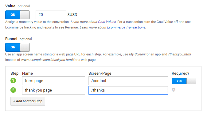 goal settings and parameters in Analytics
