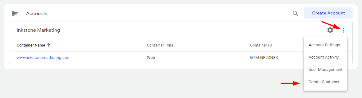 creating a container for GTM