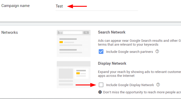 excluding the display network in google ads setup