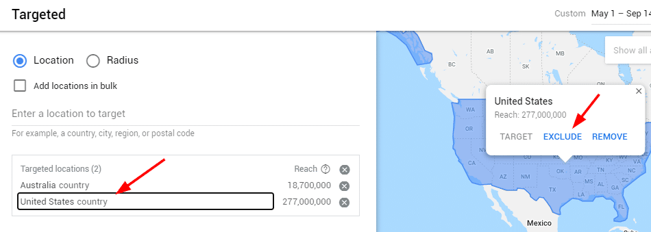location targeting in a google ads search campaign
