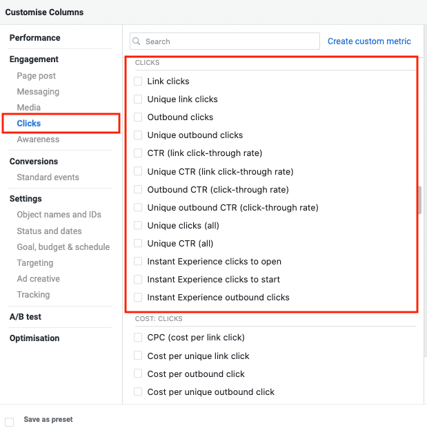 facebook metrics ad clicks