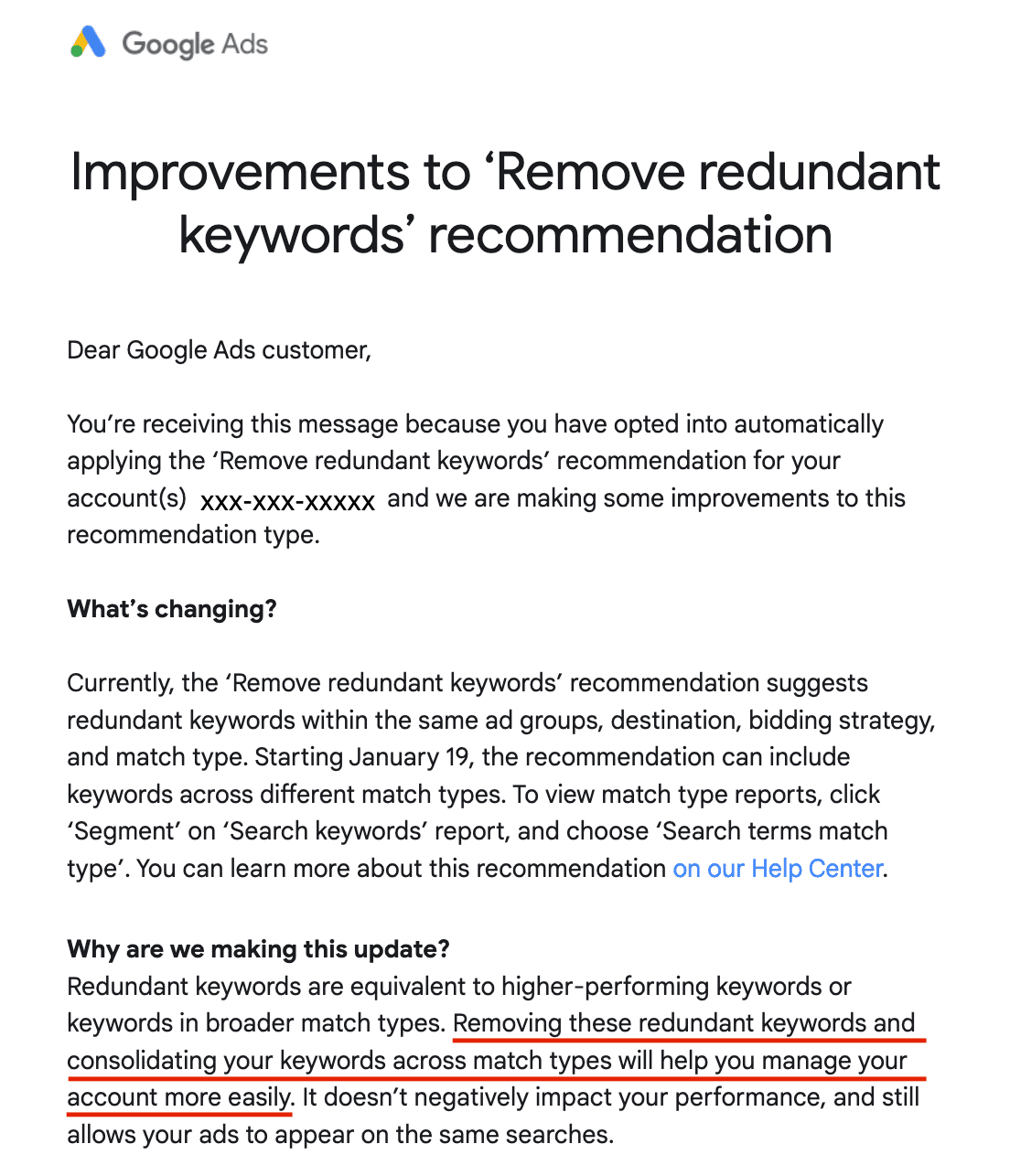 Google Ads redundant keywords update